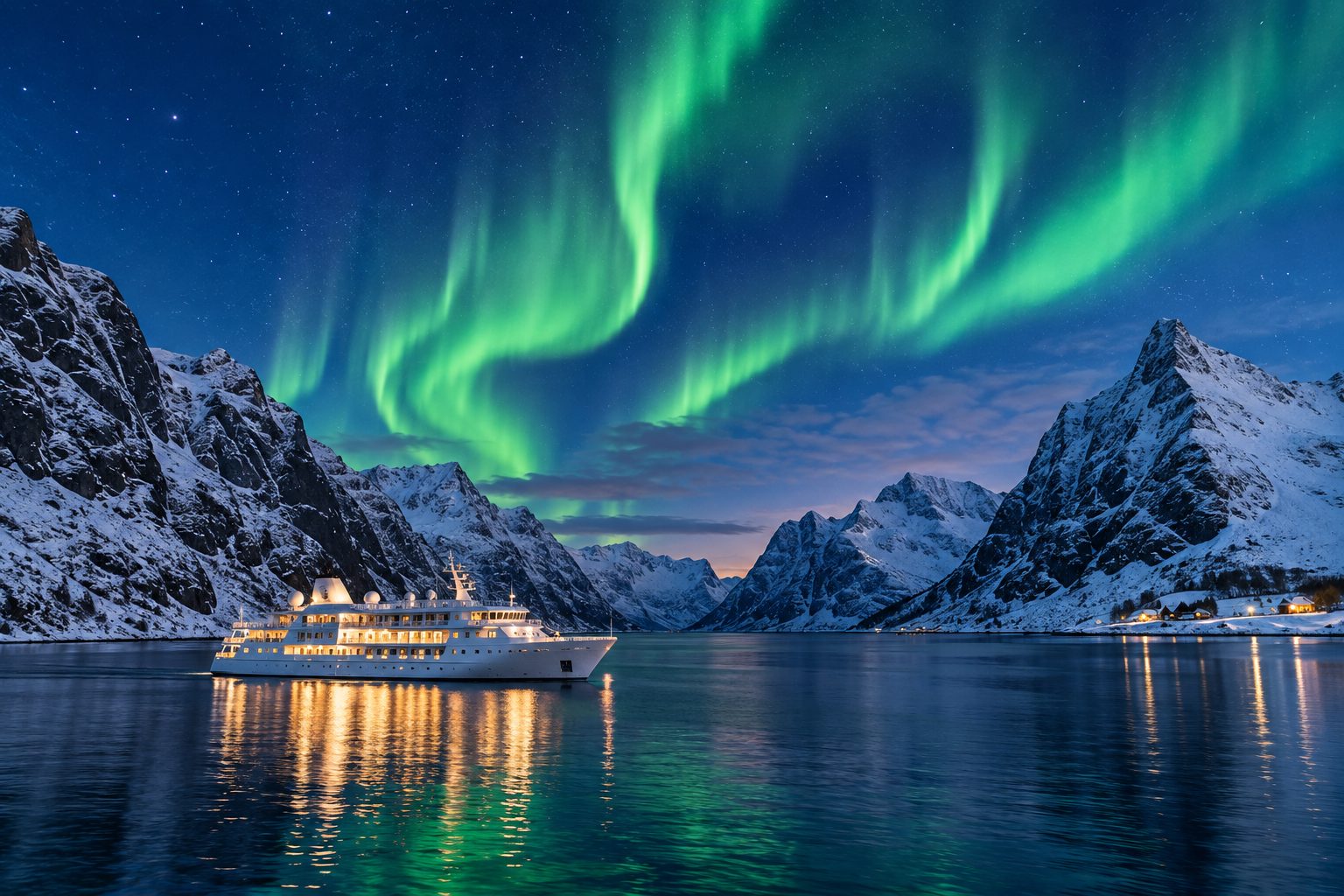 Green aurora over snow covered mountains on the Norwegian coast